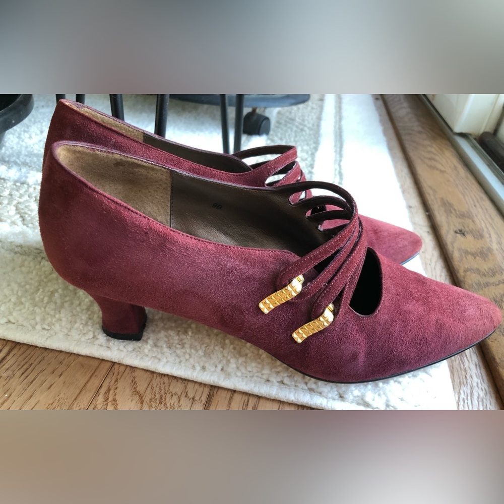 Jennifer Moore Burgundy Suede Heels with Gold Accents